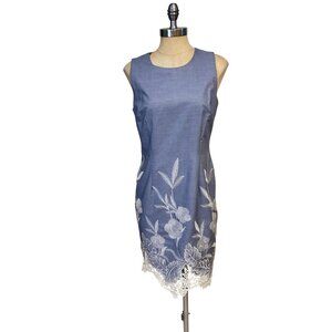 Tahari Blue Sleeveless Floral Embroidered Sheath Dress With Lace Hem NWT Size 8
